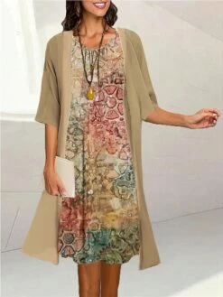 Women's Two Piece Dress Set Casual Dress Print Dress Outdoor Daily Fashion Elegant Print Midi Dress Crew Neck 3/4 Length Sleeve Floral Loose Fit Black Yellow Purple Summer Spring S M L XL XXL -HANA Luxury Wear Shop eaysxt1690171229001