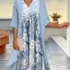 Women's Two Piece Dress Set Casual Dress Chiffon Dress Outdoor Daily Fashion Streetwear Knot Front Print Midi Dress V Neck 3/4 Length Sleeve Floral Regular Fit Pink Blue Purple Fall Winter S M L XL -HANA Luxury Wear Shop eaznfm1693534941412