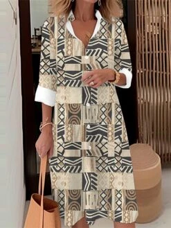 Women's Shirt Dress Casual Dress Midi Dress Outdoor Daily Date Polyester Fashion Modern Shirt Collar Button Pocket Long Sleeve Fall Winter 2023 Loose Fit Royal Blue Blue Green Geometric Plaid Tribal -HANA Luxury Wear Shop ebdini1695103247699