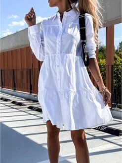 Women's Shirt Dress Casual Dress Swing Dress Midi Dress Outdoor Daily Vacation Cotton Basic Modern Shirt Collar Ruffle Button Long Sleeve Fall Winter 2023 Regular Fit ArmyGreen Black White Pure Color -HANA Luxury Wear Shop ebgewz1695813922297