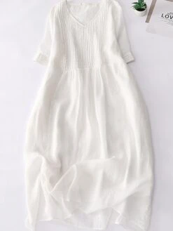 Women's Casual Dress Cotton Linen Dress Midi Dress Linen Basic Classic Outdoor Daily Vacation V Neck Pocket Half Sleeve Fall Autumn 2023 Loose Fit White Navy Blue Purple Plain M L XL 2XL -HANA Luxury Wear Shop ebgtqi1693202602848