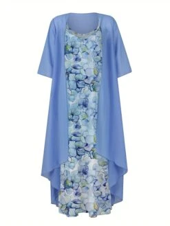 Women's Two Piece Dress Set Casual Dress Swing Dress Daily Date Fashion Streetwear Print Midi Dress Strap 3/4 Length Sleeve Floral Loose Fit Blue Green Fall Winter S M L XL XXL -HANA Luxury Wear Shop ebirpu1693805458371