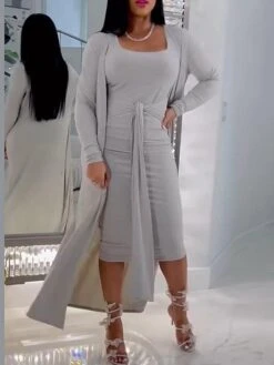 Women's Two Piece Dress Set Casual Dress Sheath Dress Outdoor Daily Fashion Streetwear Lace Up Ruched Midi Dress U Neck Long Sleeve Plain Slim Purple Gray Fall Winter S M L XL -HANA Luxury Wear Shop ebpcjd1693902392944