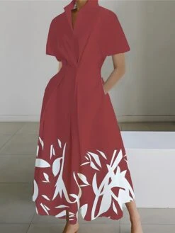 Women's Shirt Dress Casual Dress Swing Dress Maxi Long Dress Outdoor Office Daily Polyester Fashion Modern Shirt Collar Button Pocket Short Sleeve Summer Spring 2023 Loose Fit Wine Navy Blue Blue Leaf -HANA Luxury Wear Shop ebquuo1689925251174