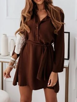 Women's Shirt Dress Casual Dress Mini Dress Outdoor Daily Date Cotton Fashion Modern Shirt Collar Lace Up Button Long Sleeve Fall Winter 2023 Loose Fit Wine Brown Green Plain S M L XL 2XL