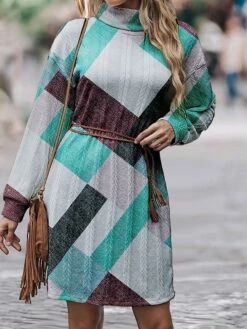 Women's Sweater Dress Jumper Dress Casual Dress Mini Dress Warm Plaid Outdoor Daily Vacation Going Out Turtleneck Long Sleeve 2023 Loose Fit Blue Orange Green S M L XL XXL 3XL -HANA Luxury Wear Shop ecemgi1696670237439