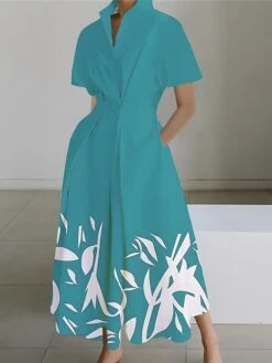Women's Shirt Dress Casual Dress Swing Dress Maxi Long Dress Outdoor Office Daily Polyester Fashion Modern Shirt Collar Button Pocket Short Sleeve Summer Spring 2023 Loose Fit Wine Navy Blue Blue Leaf -HANA Luxury Wear Shop ecluat1689925251729