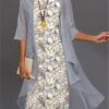 Women's Two Piece Dress Set Casual Dress Chiffon Dress Outdoor Daily Fashion Streetwear Print Midi Dress Crew Neck Half Sleeve Floral Regular Fit Gray Fall Winter S M L XL XXL