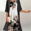 Women's Two Piece Dress Set Casual Dress Print Dress Outdoor Daily Fashion Elegant Print Midi Dress Crew Neck 3/4 Length Sleeve Floral Loose Fit Black Yellow Purple Summer Spring S M L XL XXL -HANA Luxury Wear Shop eecdyz1690171228555