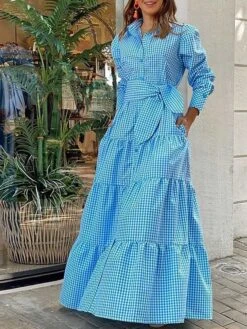 Women's Shirt Dress Casual Dress Swing Dress Maxi Long Dress Outdoor Daily Date Polyester Basic Classic Shirt Collar Ruched Button Long Sleeve Spring Fall Winter 2023 Regular Fit Blue Plaid S M L XL