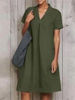 Women's Casual Dress Cotton Linen Dress A Line Dress Midi Dress Linen Cotton Blend Fashion Modern Outdoor Daily Vacation V Neck Ruched Short Sleeve Summer Spring 2023 Loose Fit ArmyGreen Wine Sky Blue -HANA Luxury Wear Shop eevcrg1678262786936