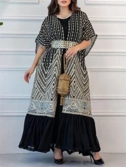 Women's Two Piece Dress Set Party Dress Sheath Dress Party Cocktail Party Fashion Party Lace Up Ruched Long Dress Maxi Dress Crew Neck Short Sleeve Print Loose Fit Black White Green Fall Winter S M L -HANA Luxury Wear Shop efmheu1696691500049