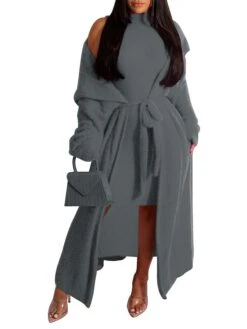 Women's Two Piece Dress Set Casual Dress Sheath Dress Daily Going Out Fashion Streetwear Lace Up Midi Dress Stand Collar Long Sleeve Plain Slim Black Yellow Wine Fall Winter S M L XL XXL -HANA Luxury Wear Shop efmhnf1693295546958