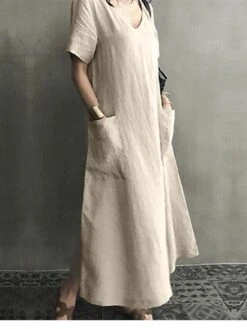 Women's Linen Dress Shift Dress Midi Dress Black Pink Apricot Short Sleeve Pure Color Pocket Summer Spring Fall Crew Neck Basic Loose Fit 2023 M L XL 2XL 3XL 4XL 5XL -HANA Luxury Wear Shop efxnmf1624443211854