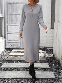 Women's Sweater Dress Jumper Dress Casual Dress Midi Dress Active Plain Outdoor Casual Holiday Vacation Crew Neck Long Sleeve Button 2023 Loose Fit Black White Purple S M L XL -HANA Luxury Wear Shop egbdke1697595511995