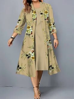 Women's Plus Size Two Piece Dress Set Casual Dress Swing Dress Outdoor Office Fashion Streetwear Print Midi Dress Crew Neck 3/4 Length Sleeve Floral Regular Fit Pink Blue Khaki Fall Winter L XL XXL -HANA Luxury Wear Shop eggtpl1696907470093