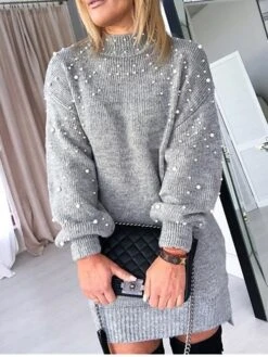 Women's Sweater Dress Winter Dress Jumper Dress Mini Dress Pearl Daily Date Going Out Active Fashion Crew Neck Long Sleeve 2023 Loose Fit Khaki Army Green Gray Color S M L XL XXL Size -HANA Luxury Wear Shop egoezp1695031560490