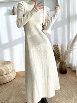 Women's Sweater Dress Jumper Dress Casual Dress Long Dress Maxi Dress Active Pure Color Outdoor Casual Holiday Vacation Turtleneck Long Sleeve 2023 Regular Fit Black Beige M -HANA Luxury Wear Shop egurqx1692616012719