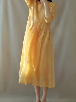 Women's Casual Dress Cotton Linen Dress Swing Dress Midi Dress Cotton Blend Basic Casual Outdoor Daily Vacation Crew Neck Ruched Pocket 3/4 Length Sleeve Summer Spring 2023 Loose Fit Yellow Gray Plain -HANA Luxury Wear Shop ehcixi1676368700049