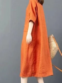 Women's Shirt Dress Casual Dress Cotton Dress Midi Dress Cotton Basic Classic Outdoor Daily Vacation Shirt Collar Button Pocket Half Sleeve Spring Fall Winter 2023 Loose Fit ArmyGreen Orange Plain S -HANA Luxury Wear Shop ehgzcs1692695052138