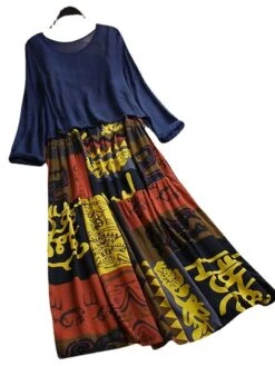 Women's Two Piece Dress Set Casual Dress Print Dress Daily Going Out Basic Ethnic Ruched Patchwork Midi Dress Crew Neck Long Sleeve Graphic Tribal Loose Fit Yellow Blue Fuchsia Summer Spring M L XL -HANA Luxury Wear Shop ehhpgj1677121577077