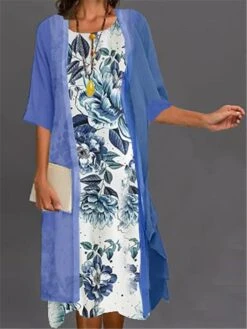 Women's Two Piece Dress Set Casual Dress Print Dress Outdoor Daily Fashion Elegant Print Midi Dress Crew Neck 3/4 Length Sleeve Floral Ombre Loose Fit White Light Green Blue Summer Spring S M L XL XXL -HANA Luxury Wear Shop ehrnnu1689736457137