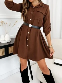 Women's Shirt Dress Casual Dress Mini Dress Outdoor Daily Vacation Cotton Fashion Modern Shirt Collar Button Pocket Long Sleeve Fall Winter 2023 Regular Fit Black Brown Green Pure Color XS S M L XL -HANA Luxury Wear Shop ehrsot1695813912738