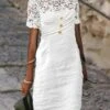 Women's Casual Dress Cotton Linen Dress Shift Dress Midi Dress Cotton Blend Fashion Basic Outdoor Daily Vacation Crew Neck Lace Patchwork Short Sleeve Summer Spring 2023 Regular Fit Black White Plain -HANA Luxury Wear Shop ehtnsv1684140232215