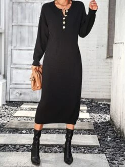 Women's Sweater Dress Winter Dress Jumper Dress Midi Dress Button Daily Date Going Out Fashion Basic Crew Neck Long Sleeve 2023 Loose Fit Black White Purple Color S M L XL Size -HANA Luxury Wear Shop ehyjye1691991576258