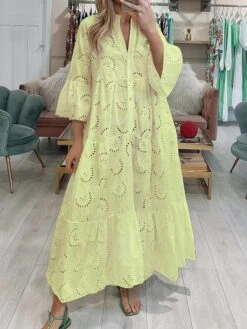 Women's Shirt Dress Casual Dress Swing Dress Maxi Long Dress Outdoor Daily Vacation Cotton Fashion Modern Split Neck Lace Button 3/4 Length Sleeve Summer Spring Fall 2023 Loose Fit White Yellow Red -HANA Luxury Wear Shop eihymb1692698358656