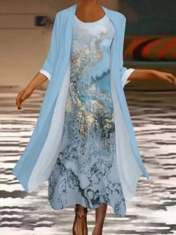 Women's Two Piece Dress Set Casual Dress Print Dress Daily Holiday Fashion Modern Print Long Dress Maxi Dress Crew Neck Long Sleeve Floral Marble Print Regular Fit Sky Blue Dark Green Green Summer -HANA Luxury Wear Shop eipchp1694511588892