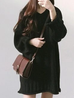 Women's Sweater Dress Jumper Dress Knit Dress Mini Dress Warm Pure Color Outdoor Home Casual Vacation V Neck Long Sleeve 2023 Loose Fit Black Burgundy Apricot One Size -HANA Luxury Wear Shop eiqlqj1694166173108