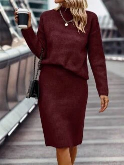 Women's Two Piece Dress Set Casual Dress Skirt Set Outdoor Daily Fashion Streetwear Ribbed Midi Dress Turtleneck Long Sleeve Plain Loose Fit Black Wine Dark Pink Fall Winter S M L XL XXL -HANA Luxury Wear Shop ejbizf1693214122176