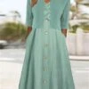 Women's Two Piece Dress Set Casual Dress Outdoor Daily Fashion Modern Ruched Button Midi Dress V Neck Half Sleeve Plain Loose Fit Green Summer Spring S M L XL XXL