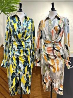 Women's Shirt Dress Casual Dress Bodycon Midi Dress Outdoor Daily Date Polyester Fashion Modern Shirt Collar Button Print Long Sleeve Summer Spring Fall 2023 Regular Fit Orange Green Color Block S M -HANA Luxury Wear Shop ejepsb1689823464835