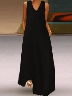 Women's Casual Dress Cotton Linen Dress Swing Dress Maxi Long Dress Cotton Blend Basic Modern Outdoor Daily Vacation V Neck Basic Sleeveless Summer Spring 2023 Regular Fit Black Wine Khaki Plain S M -HANA Luxury Wear Shop ejkszm1686038680785