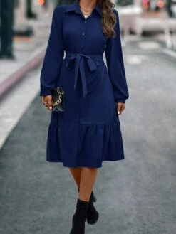 Women's Shirt Dress Casual Dress Maxi Long Dress Outdoor Daily Polyester Basic Classic Shirt Collar Lace Up Button Long Sleeve Spring Fall Winter 2023 Loose Fit Blue Green Pure Color S M L XL -HANA Luxury Wear Shop ekzzqw1693200163365