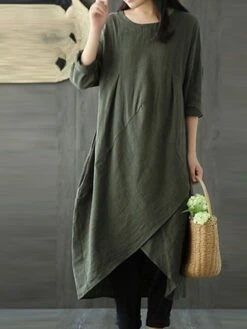 Women's Cotton Linen Dress Casual Dress Shift Dress Maxi Long Dress Cotton Blend Casual Winter Dress Daily Going Out Crew Neck Pocket Layered Long Sleeve Summer Spring Fall 2023 Loose Fit Black Green -HANA Luxury Wear Shop elbtnl1653381111771
