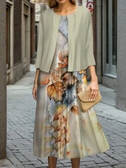 Women's Two Piece Dress Set Casual Dress Swing Dress Outdoor Office Fashion Streetwear Print Midi Dress Crew Neck 3/4 Length Sleeve Leaf Regular Fit Navy Blue Brown Khaki Fall Winter S M L XL XXL -HANA Luxury Wear Shop emvpae1697524427134