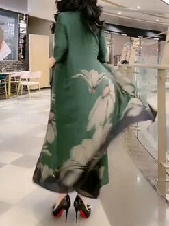 Women's Two Piece Dress Set Casual Dress Swing Dress Daily Holiday Fashion Casual Print Long Dress Maxi Dress Crew Neck 3/4 Length Sleeve Leaf Floral Loose Fit Yellow Red Dark Green Summer Spring M L -HANA Luxury Wear Shop enqlbw1691463796947