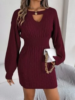 Women's Sweater Dress Jumper Dress Casual Dress Mini Dress Fashion Pure Color Outdoor Daily Going Out Crew Neck Long Sleeve Cut Out 2023 Loose Fit Wine Khaki Gray S M L -HANA Luxury Wear Shop eodajg1695643843483