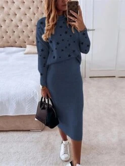 Women's Two Piece Dress Set Casual Dress Skirt Set Daily Date Streetwear Casual Print Midi Dress Turtleneck Long Sleeve Star Regular Fit White Red Navy Blue Fall Winter S M L XL -HANA Luxury Wear Shop eojstp1695364271990