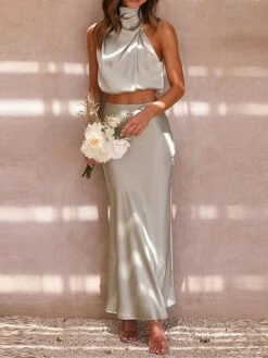 Women's Two Piece Dress Set Casual Dress Skirt Set Daily Holiday Fashion Sexy Ruched Long Dress Maxi Dress Stand Collar Sleeveless Plain Regular Fit Black White Light Green Summer Spring S M L XL -HANA Luxury Wear Shop eombhg1690857201707