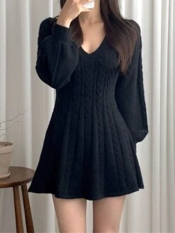 Women's Sweater Dress Jumper Dress Casual Dress Mini Dress Fashion Pure Color Outdoor Daily Going Out V Neck Long Sleeve 2023 Regular Fit Black Pink Khaki One Size -HANA Luxury Wear Shop eoyczy1695805288739