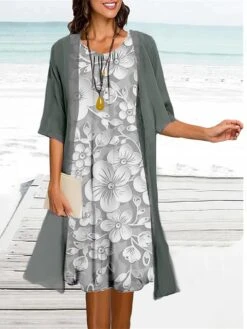 Women's Two Piece Dress Set Casual Dress Print Dress Outdoor Daily Fashion Elegant Print Midi Dress Crew Neck 3/4 Length Sleeve Floral Regular Fit Light Green Light Purple Green Summer Spring S M L -HANA Luxury Wear Shop eqircz1684477264720