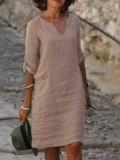 Women's Casual Dress Cotton Linen Dress Shift Dress Midi Dress Cotton Blend Modern Style Modern Outdoor Daily Date Split Neck Button Rolled Cuff 3/4 Length Sleeve Summer Spring Fall 2023 Regular Fit -HANA Luxury Wear Shop eqrzmx1686196456663