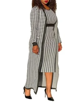 Women's Two Piece Dress Set Casual Dress Sheath Dress Daily Going Out Streetwear Modern Print Midi Dress Crew Neck Long Sleeve Houndstooth Regular Fit Black Fall Winter S M L XL XXL -HANA Luxury Wear Shop eqtvso1695194336301