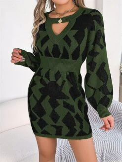 Women's Sweater Dress Jumper Dress Casual Dress Mini Dress Fashion Geometric Color Block Outdoor Daily Going Out Crew Neck Long Sleeve Cut Out 2023 Loose Fit Green Khaki Rose Red S M L -HANA Luxury Wear Shop esutre1695813751492
