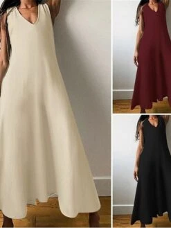 Women's Casual Dress Cotton Linen Dress Swing Dress Maxi Long Dress Cotton Blend Basic Modern Outdoor Daily Vacation V Neck Basic Sleeveless Summer Spring 2023 Regular Fit Black Wine Khaki Plain S M -HANA Luxury Wear Shop esxhew1686030303115