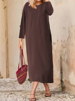 Women's Casual Dress Cotton Linen Dress T Shirt Dress Tee Dress Midi Dress Polyester Basic Classic Outdoor Daily Vacation Crew Neck Pocket 3/4 Length Sleeve Fall Autumn 2023 Loose Fit ArmyGreen Black -HANA Luxury Wear Shop esxofd1693447409054